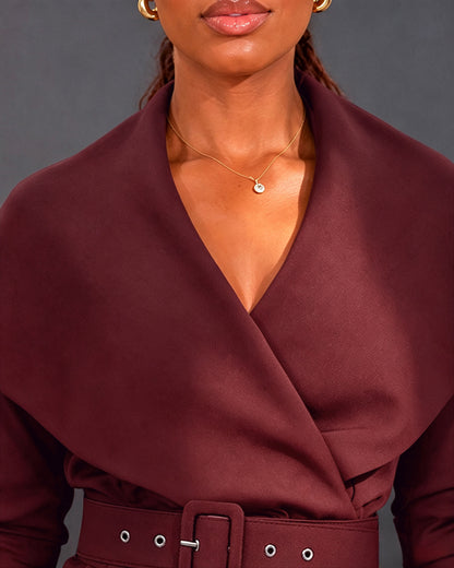 Women's Lapel Collar Wrap V-Neck Long Sleeve Slit Midi Dress with Belt