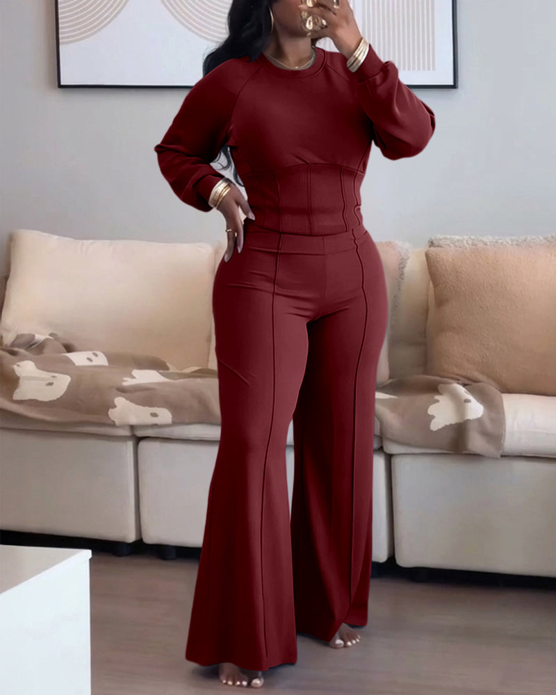 2 Pieces Outfit O-neck Long Sleeve Cinched Waist Sweatshirt and Elastic Waist Wide Leg Pants Set Casual Seam Design Sweatpants Set