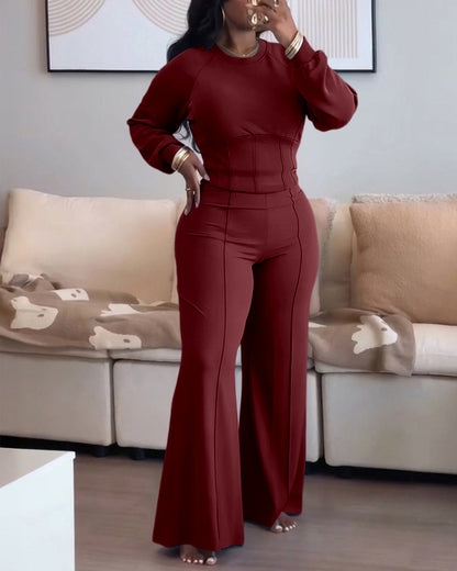 2 Pieces Outfit O-neck Long Sleeve Cinched Waist Sweatshirt and Elastic Waist Wide Leg Pants Set Casual Seam Design Sweatpants Set
