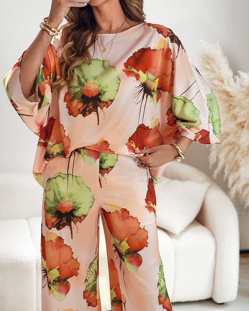 2 Pieces Outfit Floral Print Skew Neck Batwing Sleeve Top and Casual Elastic Wasit Wide Leg Pants Set