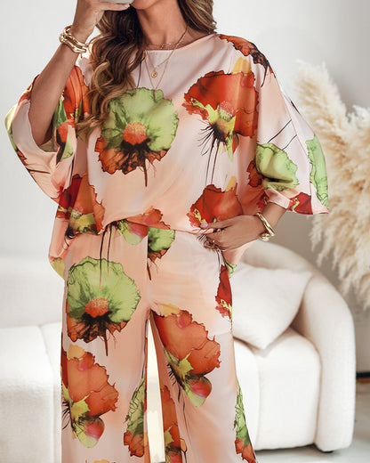 2 Pieces Outfit Floral Print Skew Neck Batwing Sleeve Top and Casual Elastic Wasit Wide Leg Pants Set