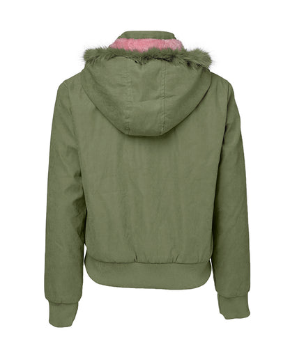 Fuzzy Trim Jacket Hooded Zip Up Fleece Lined Coat Outwear with Pockets