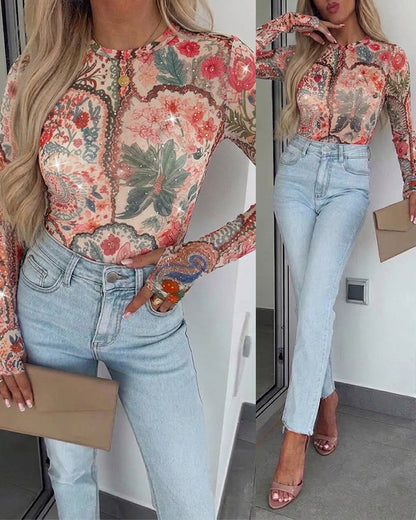 Women's Vintage Floral Rhinestone Mesh Top Slim Fit Long Sleeve Tee with Thumb Holes