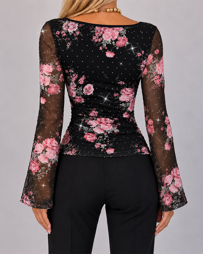 Women's Floral Rhinestone Sheer Mesh Boat Neck Ruched Flare Sleeve Top