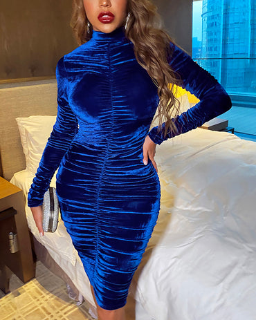 Velvet Mock Neck Ruched Bodycon Dress