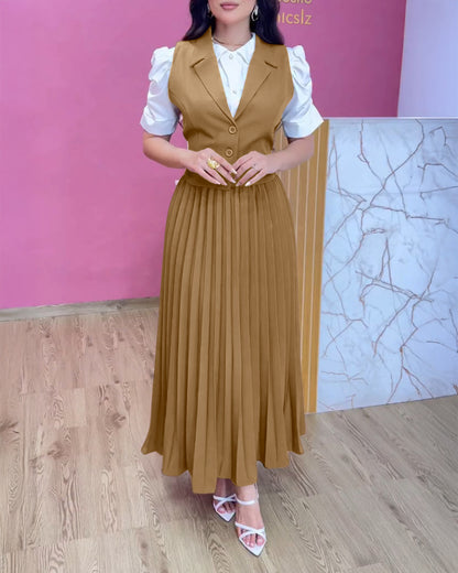 Turn-down Collar Sleeveless Button Vest and Casual Pleated Skirt Sets