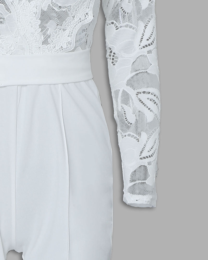 Crochet Lace Trim Deep V-Neck Floral Lace Spliced Ovearalls Casual Zipper Back Seam Front Jumpsuit with Belt