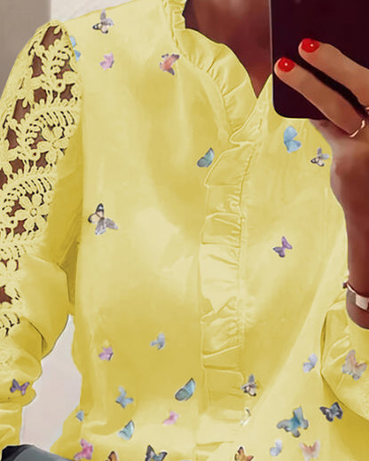 Lace Butterfly Print V-Neck Long Sleeve Patchwork Casual Blouse
