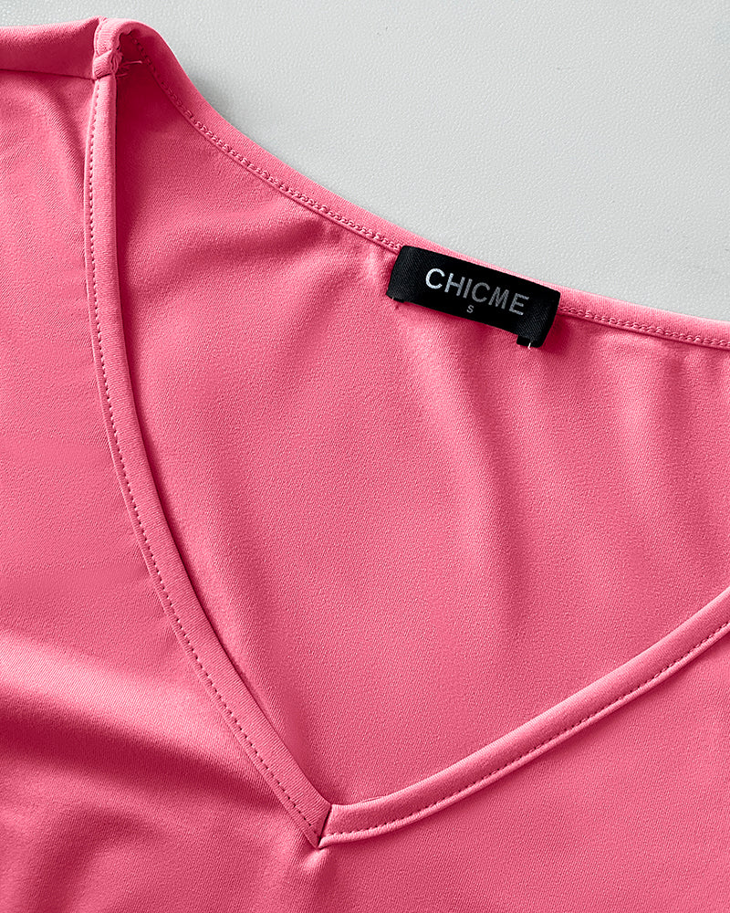 V-Neck High Stretch Tapered Drop-Crotch Casual Jumpsuit With Pockets