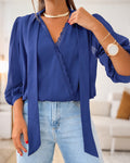 Women's Tie Neck Chiffon Blouse Elegant Lace V Neck Shirt Long Lantern Sleeve Top Ruched Elastic Hem Lined Blouse