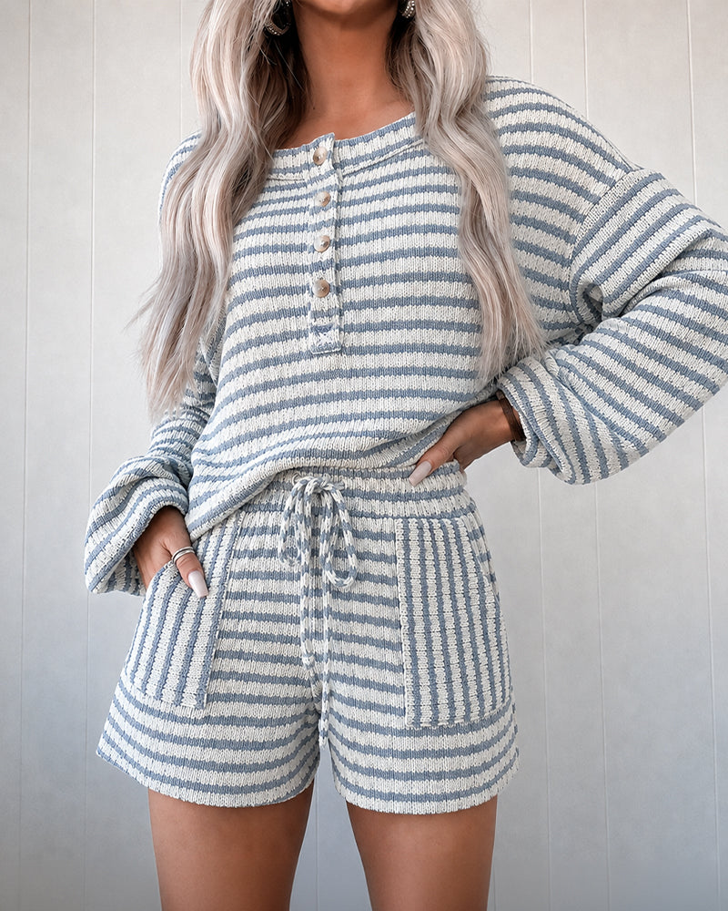Women's Striped Two Piece Outfit Henley Lantern Sleeve Top and Drawstring Shorts Casual Lounge Set