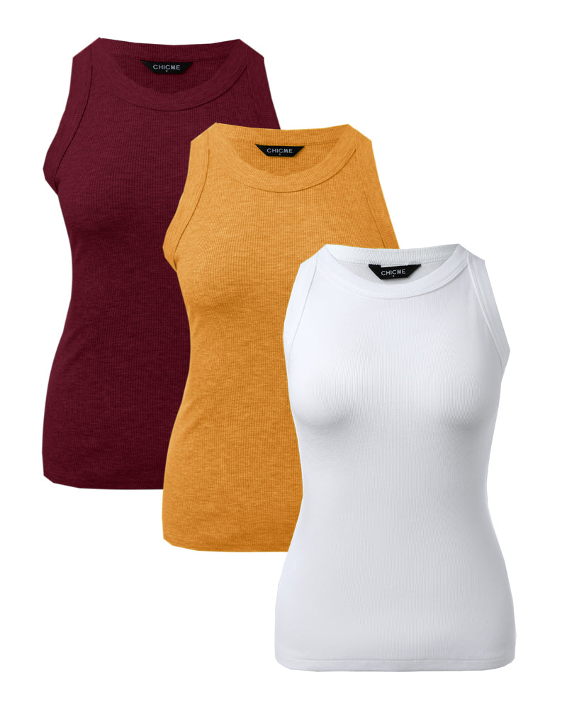 3 Pack Knit Round Neck Thick Strap Racerback Tank Tops(Without Pads)