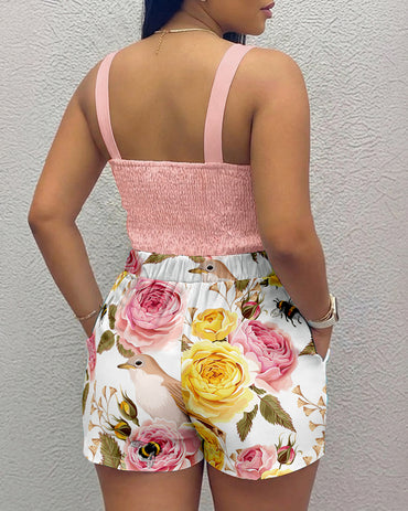 2 Pieces Outfit Rhinestone & 3D Flower Decor Thick Straps Shirred Back Crop Cami Top and Casual Animal & Floral Print Elastic Back Waist Shorts Set