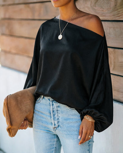 Women's Off Shoulder Satin Blouse Lantern Long Sleeve Shirt Casual Loose Fit Skew Neck Top