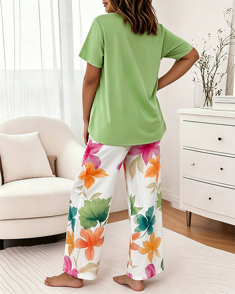 Women's 2 Piece Pajama Set Sleep Letter Print Top and High Waisted Floral Pants Casual Loungewear with Pockets