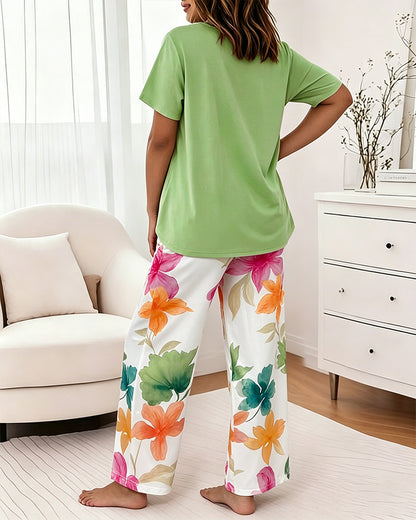 Women's 2 Piece Pajama Set Sleep Letter Print Top and High Waisted Floral Pants Casual Loungewear with Pockets