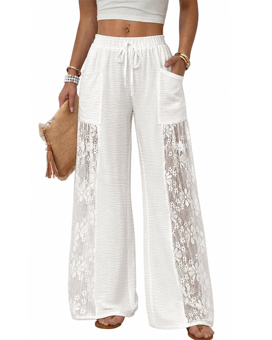 Women's Boho Lace Spliced Wide Leg Pants Casual Drawstring High Waist Pants