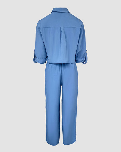 2 Pieces Outfit Turn-down Collar Turn-Up Sleeves Button Front Flap Pockets Design Top and Causal Zipper Fly Elastic Back Waist Wide Leg Pants Set
