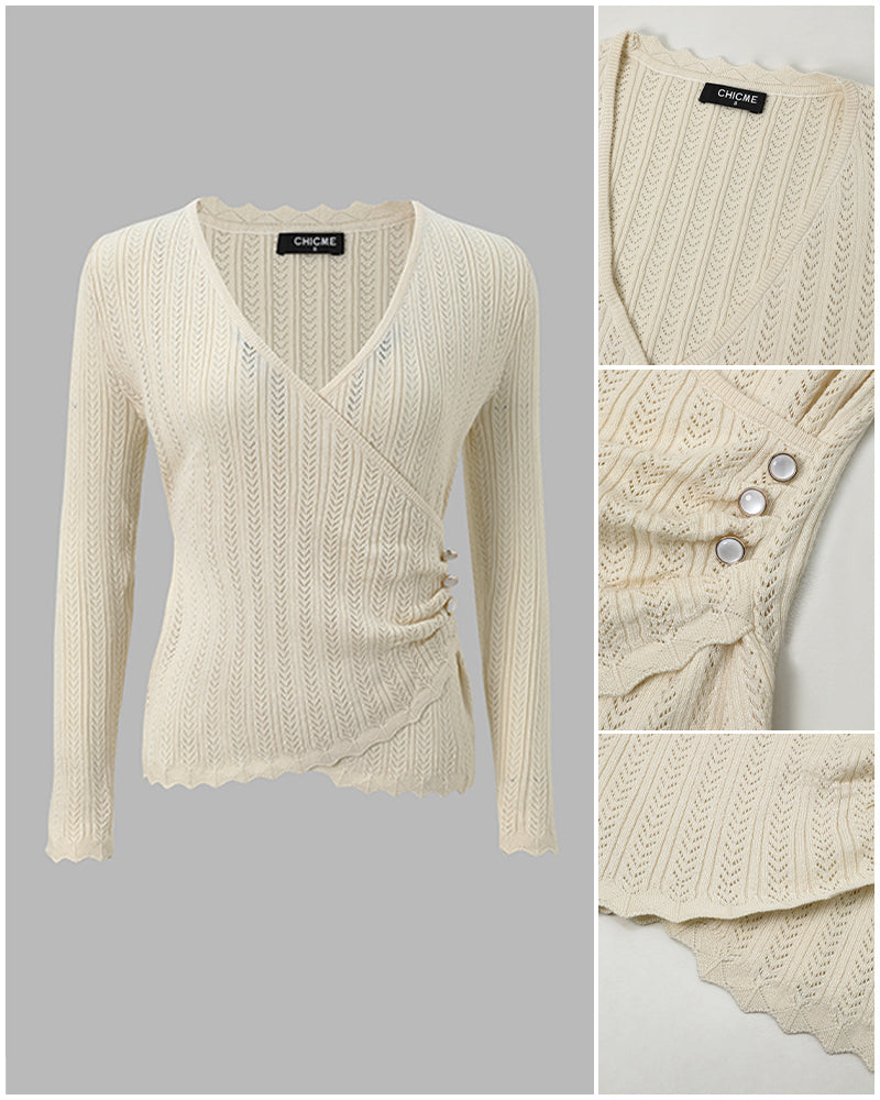 Women's Crossover V Neck Knit Top Side Button Ruched Long Sleeve Sweater Scallop Trim Slim Fit Casual Top