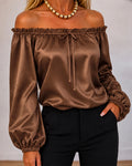 Women's Off Shoulder Satin Frill Trim Tie Front Lantern Sleeve Top