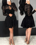 Women's Lace Patchwork Long Sleeve A Line Dress Glitter Hollow-out Mini Party Dress with Detachable Clear Straps