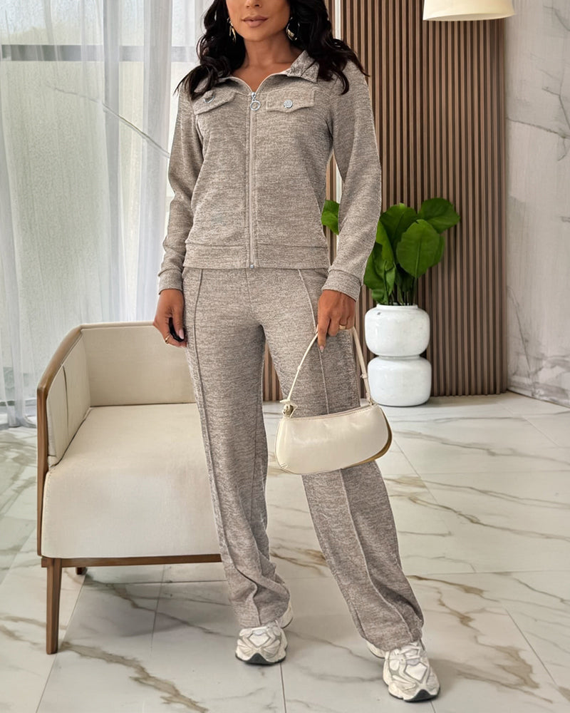 Women's Casual Tracksuit Set Zip Up Long Sleeve Lapel Jacket and High Waisted Straight Leg Pants Lounge Set with Pockets