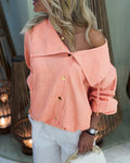 Women's Turn-down Collar Long Sleeve Blouse Casual Gold Button Loose Drawstring Shirt