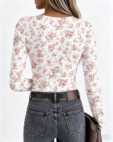 Women's Ditsy Floral Print Crew Neck Long Sleeve Slim Fit Top with Thumbholes
