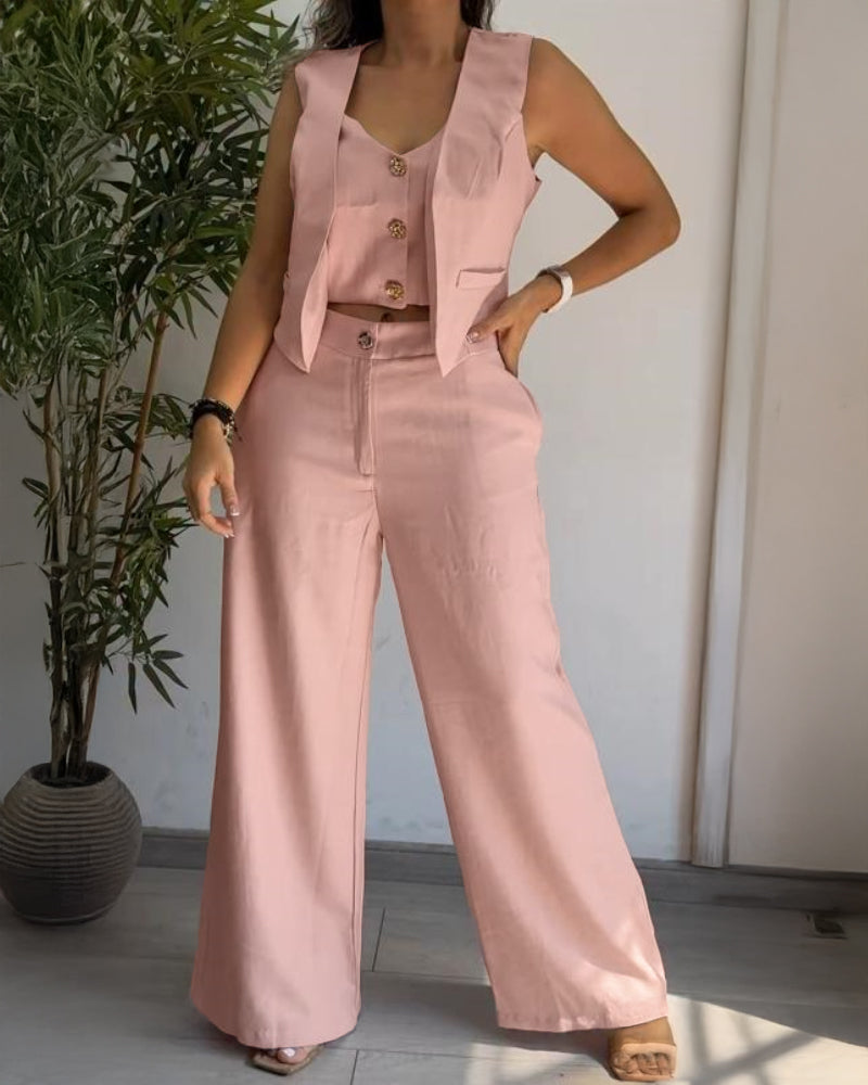 2 Pieces Outfits V Neck Sleeveless Button Front Vest Crop Top And Casual Zipper Fly Elastic Back Waist Wide Leg Pants Set