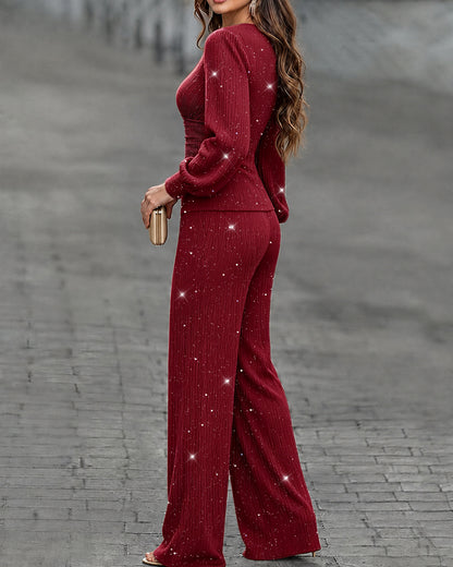 Women's 2 Piece Glitter Set Deep V Neck Lantern Sleeve Ruched Top and Wide Leg Pants with Pockets