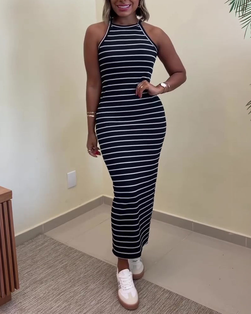 Women's Striped Halter Maxi Dress Sleeveless Ribbed Knit Dress Elegant Back Slit Slim Fit Casual Sundress