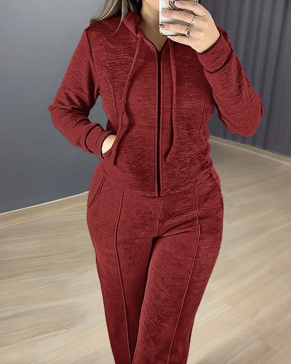 2 Pieces Outfit Long Sleeve Zip Up Drawstring Hoodie Coat and Casual Elastic Waist Seam Front Straight Leg Pants Set