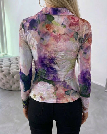 Oil Painting Floral Print Turn-down Collar V-Neck Long Sleeve Shirt Slim Fit Button Front Ruched Sheer Mesh Top with Lining