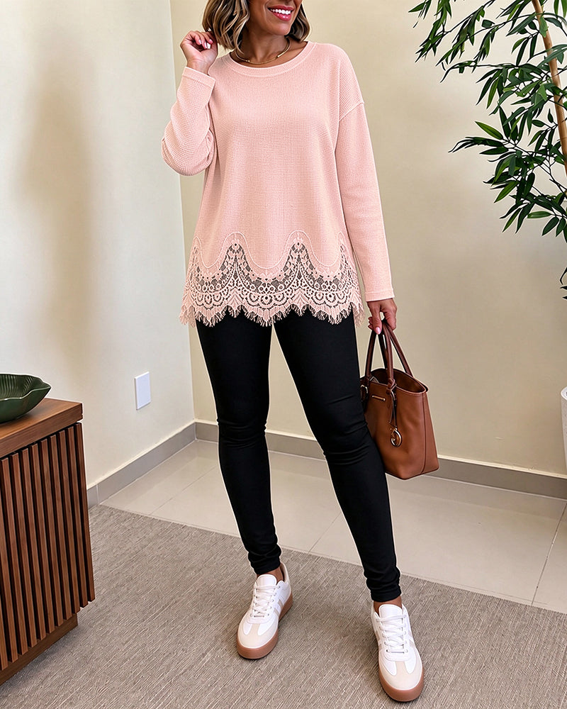 Women's Waffle Knit Crewneck Eyelash Lace Trim Loose Casual Top