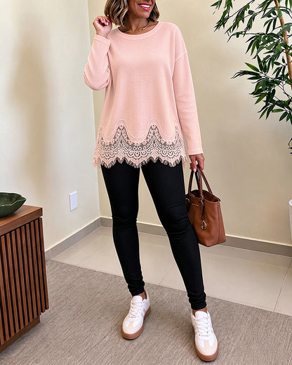Women's Waffle Knit Crewneck Eyelash Lace Trim Loose Casual Top