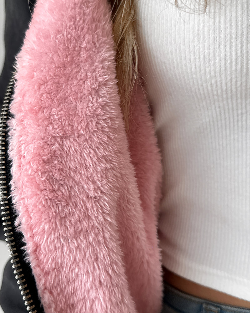 Fuzzy Trim Jacket Hooded Zip Up Fleece Lined Coat Outwear with Pockets