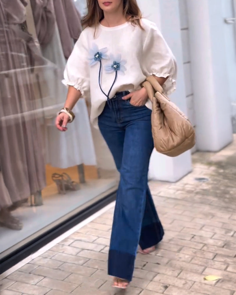 Pearls & Rhinestone Decor 3D Floral Appliques Frill Hem Cuffs Linen Tee Casual Loose Fit Top