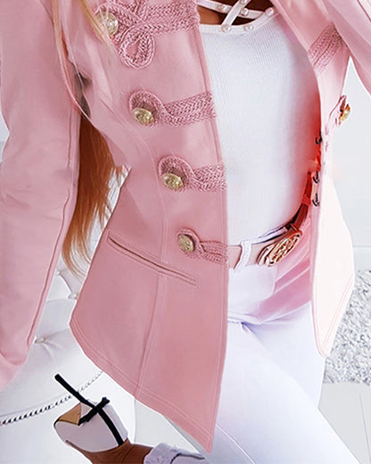 Stand Collar Frog Front Button Long Sleeve Fake Pockets Coat Casual Jackets