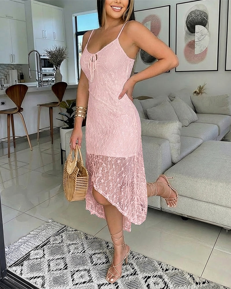 V-Neck Adjustable Spaghetti Straps Tie Front Asymmetrical Hem Dress Casual Hollow-out Front Backless Textured Lace Overlay Party Dress