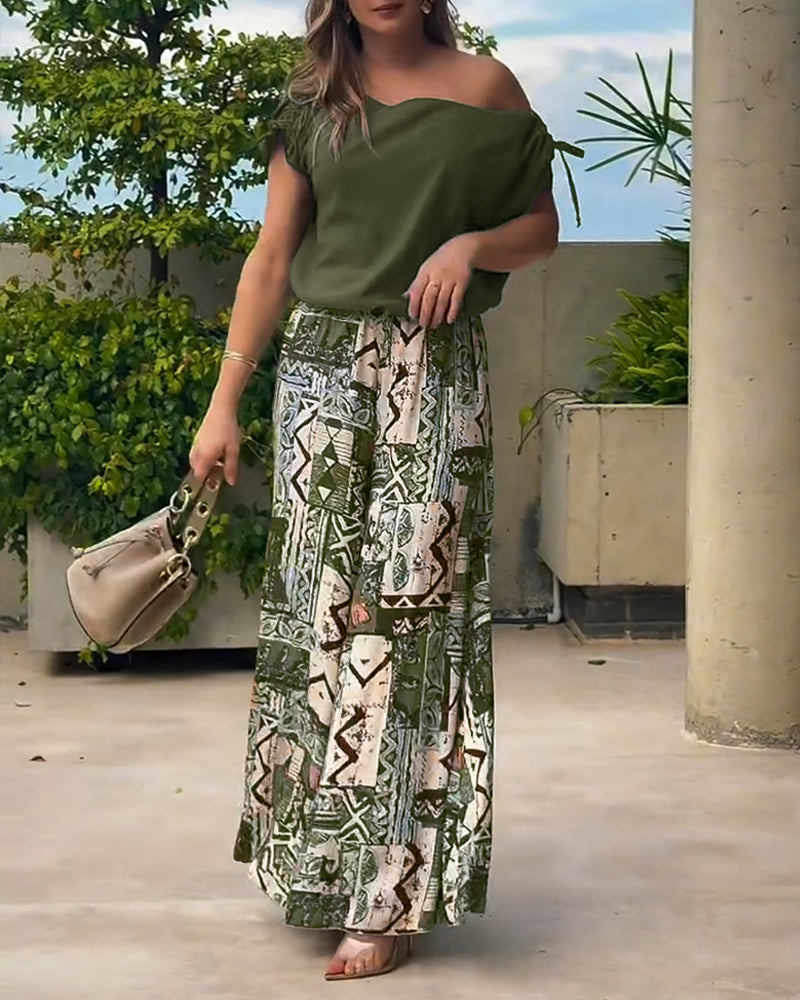 2 Piece Outfit Drawstring Cold Shoulder Top and Floral Print Wide Leg Pants Set