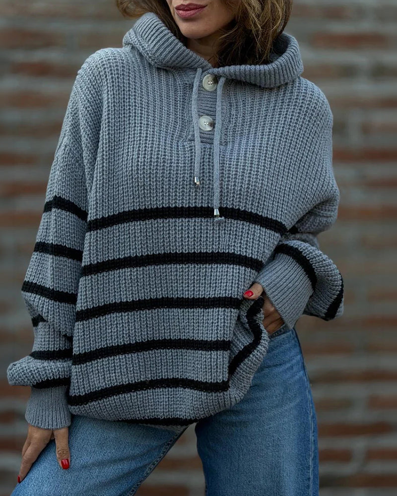Women's Striped Henley Drawstring Hooded Sweater Loose Fit Lantern Sleeve Knit Pullover