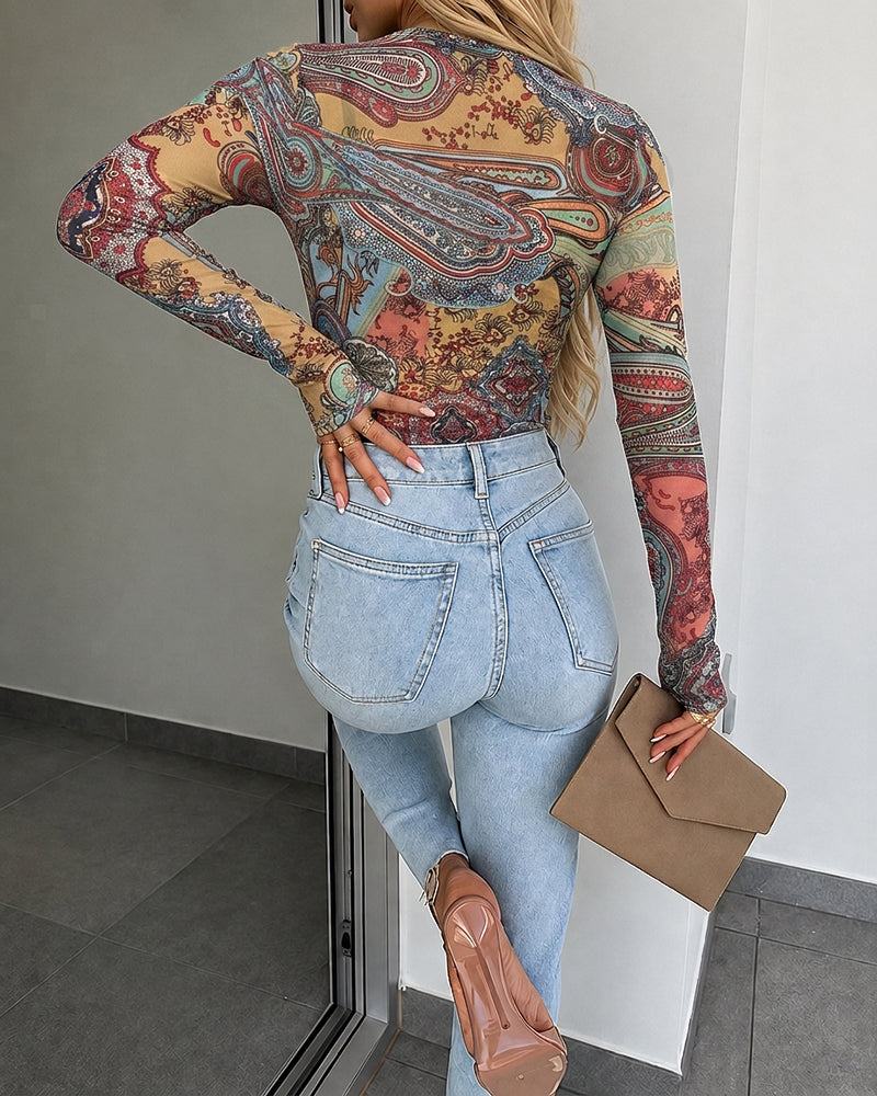 Women's Vintage Print Sheer Mesh Top Long Sleeve Slim Fit Tee with Thumb Holes
