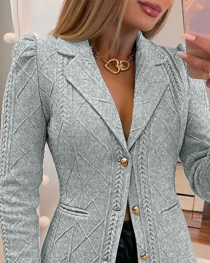 Blazer elegante de mujer con textura de cuadros de rombos, corte entallado, mangas abullonadas y botones dorados, chaqueta de traje para oficina con bolsillos