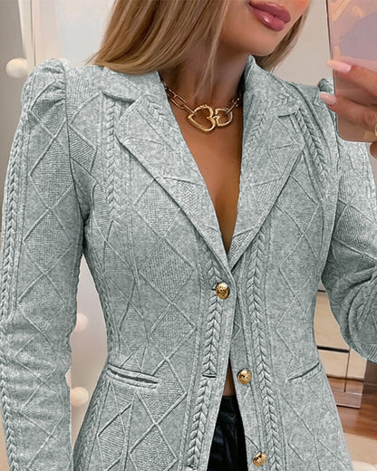 Blazer elegante de mujer con textura de cuadros de rombos, corte entallado, mangas abullonadas y botones dorados, chaqueta de traje para oficina con bolsillos