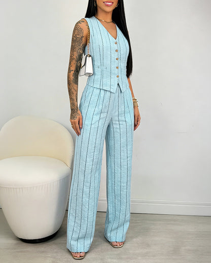 2 Pieces Outfit V-Neck Sleeveless Button Front Adjustable Buckle Back Vest and Elastic Back Waist Wide Leg Pants Set Casual Striped Commuting Set