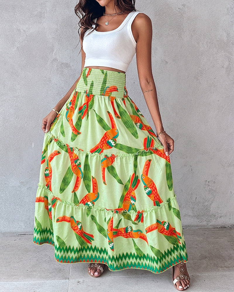 Women's Tropical Toucan Maxi Skirt Shirred High Waist Ruffle Boho Skirt Flowy A-Line Skirt with Pockets