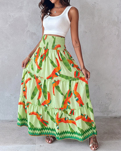 Women's Tropical Toucan Maxi Skirt Shirred High Waist Ruffle Boho Skirt Flowy A-Line Skirt with Pockets