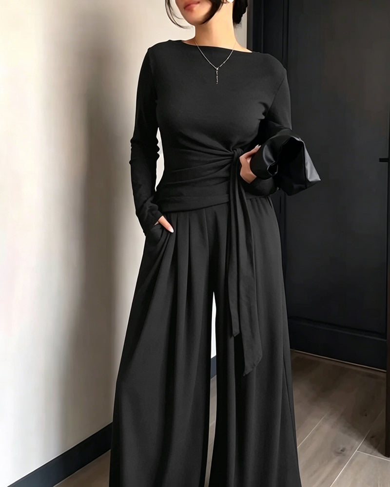 Women's 2 Piece Knit Lounge Set Long Sleeve Tie Waist Top and High Waisted Wide Leg Pants Casual Soft Sweatsuit with Pockets