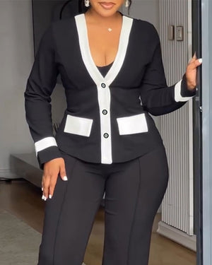 Abrigo de mujer con ribetes en contraste, chaqueta informal de corte entallado, escote en V, botones frontales, ideal para oficina y trabajo