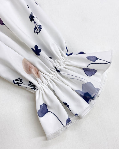 Floral Print Deep V-Neck Lantern Sleeve Casual Contrast Lace Tied Detail Blouse